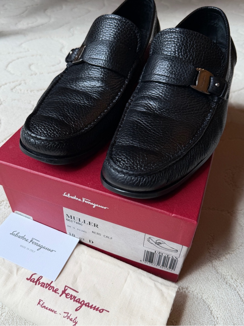 Salvatore Ferragamo Black Pebble Leather Loafer Slip-On US 10.5 Orig Owner $895